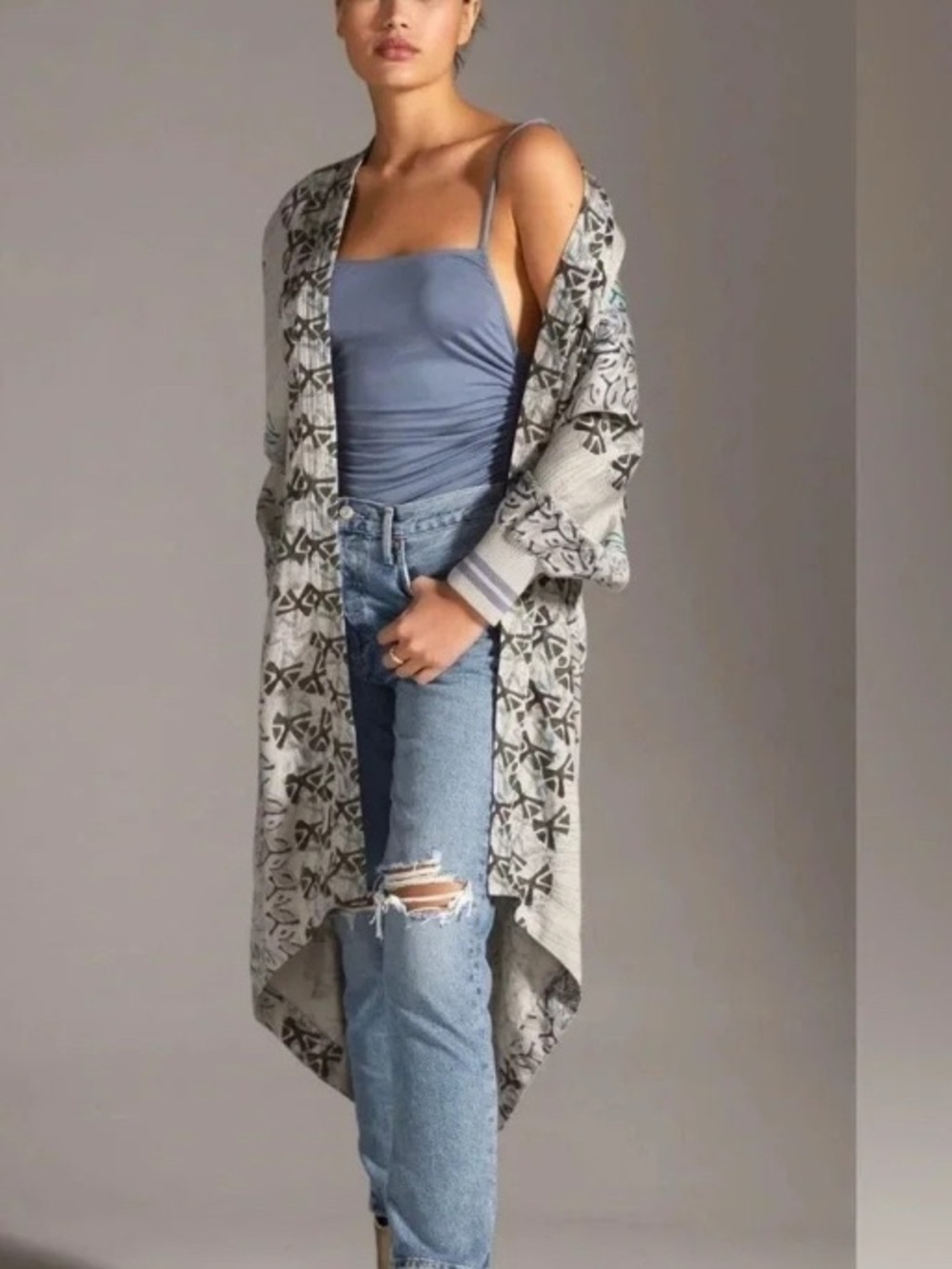 Anthropologie Printed Cocoon Kimono Gray Jacket Top Women's L/XL Longline